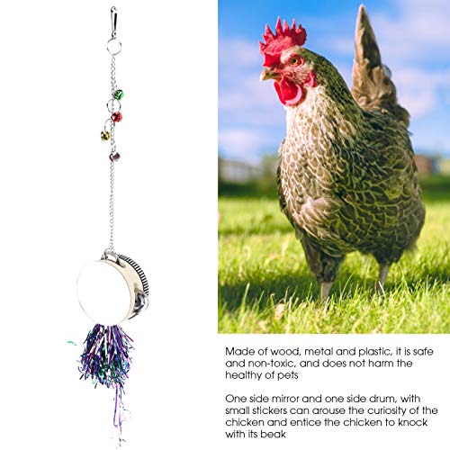 Pet Chicken Mirror Drum Toy, Double Side with Bells, Metal Wood Plastic Material, 3.9in Diameter, 26.6in Hanging Height, Random Sticker Pattern and Bell Color
