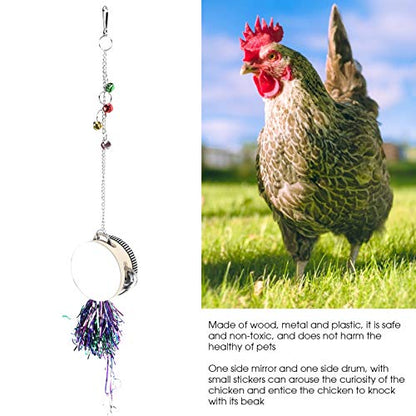 Pet Chicken Mirror Drum Toy, Double Side with Bells, Metal Wood Plastic Material, 3.9in Diameter, 26.6in Hanging Height, Random Sticker Pattern and Bell Color