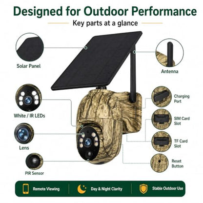 Solar Camouflage Camera Trail 4G Cellular and WiFi Models Available Night Vision Motion Activated Waterproof Hunting for Deer Game Wildlife Backyard Outdoor Field Monitoring App Control(WiFi) - color: WIFI