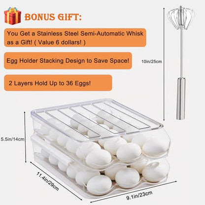 Egg Holder for Fridge, Automatic Rolling Egg Dispenser for Refrigerator with Lid, Stackable 2-Tier Egg Storage Container, Clear Food-Grade Egg Organizer for Fridge Kitchen
