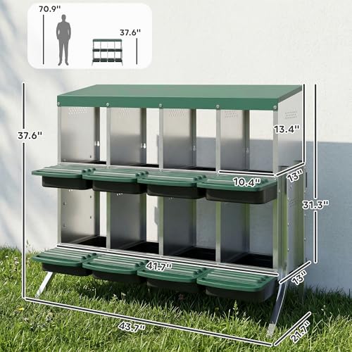 PawHut Chicken Nesting Boxes, 8 Compartment Metal Nesting Boxes for Chickens, Two-Tier Egg Laying Boxes with Vented Holes for Easy Egg Collection, for Hens Ducks, Silver - size: 43.7"L x 21.7"W x 37.6"H, style: Open Front