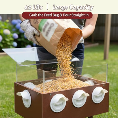 KOL No-Waste Chicken Feeder, 22LB Poultry Feeder with 6 Anti-Spill Ports, Clear-View HIPS & Acrylic Design, Foldable Stand for Hens and Chicks – Automatic Gravity-Flow Feeder