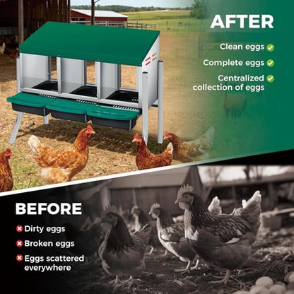 Chicken Nesting Boxes, Heavy-Duty 8-Compartment Metal Chicken Nesting Box – Removable Tray, Ventilation Holes, Easy Egg Collection, Rustproof Galvanized Steel - Green - 3 - Slot - with Legs - color: Green, size: 3 - Slot - With Legs
