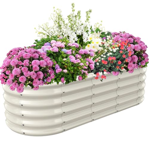 TBMLC 17" Tall Elevated Oval Metal Raised Garden Bed - 5ft x 2ft in Size and 0.8MM Thick Durable Planter Bed/Box for Vegetables Flowers Succulent at Patio/Garden Outdoor (White, 5X2X1.4 FT) - color: White, size: 5X2X1.4 FT