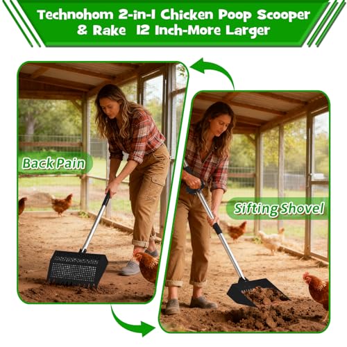 Chicken Poop Scooper & Rake 2-in-1 – 12 Inch Shovel Head & 3-Angle Adjustable Stainless Steel Handle, Chicken Litter Scoop and Coop Rake & Sand Sifting Shovel for Chicken Coops, Black - color: Black