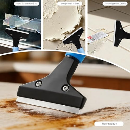 Heavy-Duty Floor Scraper with Long Handle (37''-51.5''), 4-Inch Metal Scraper Cleaning Tool, Comes with 10 Blades, Suitable for Cleaning Walls, Glass, Adhesives, Chewing Gum, and Ceilings - size: 51.5in