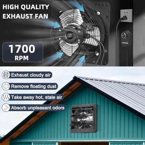 Criditpid 10 Inch Shutter Exhaust Fan with Speed Controller Switch, 820 CFM High Speed Vent Fans, 1700 RPM Wall Mounted Kitchen Exhaust Fans, Vent Fan for Attic, Gable, Shed, Garage Ventilation, Black - color: with Speed Controller, size: 10 Inch Exhaust