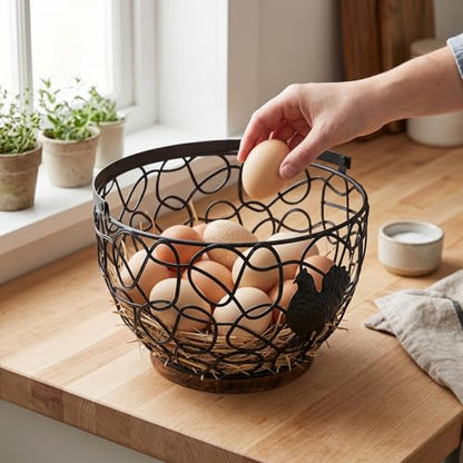 Rustic Wooden Base Wire Egg Basket with Sturdy Metal Handle Farmhouse Kitchen Decor Easter Display Coop - color: Black
