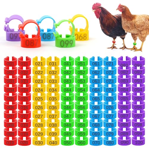 ZukoCert 100 Pack 16mm Numbered Chicken Leg Bands 001-100, Multi-Color Clip-On Chicken Tags for Legs, Reusable Poultry Identification Rings for Gamefowl Supplies, Chickens, Ducks & Gallos