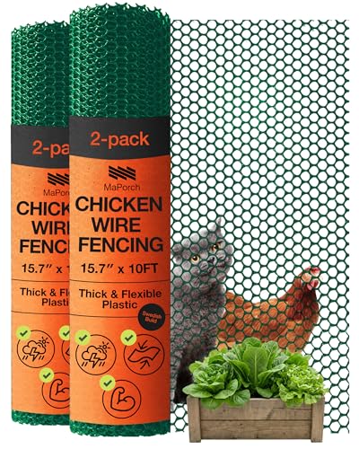 Maporch Plastic Chicken Wire Fencing for Pet Protection - 15.7" x 10ft, HDPE Hunter Green Chicken Wire - Garden Fence Animal Barrier for Dogs, Cats and Rabbits (2-Pack) - color: Green, size: Pack of 2