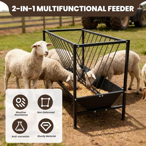 Heavy Duty 2-in-1 Pasture Hay Feeder, Livestock Feeder 70 Gallon, Galvanized Metal Goat Feeder with 2 Trays, Hay Grain Livestock Feeder for Sheep, Calf, Cow and Horse - color: Black Carbon Steel