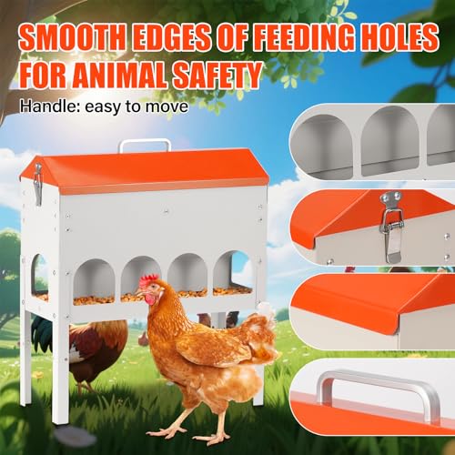 17Lbs Chicken Feeder No Waste Poultry Feeder 10 Feeding Ports | Base No Buildup-No Waste, With Secure Locking Lid & Adjustable Legs, Galvanized Metal, Coop Food Dispenser For Backyard Flock