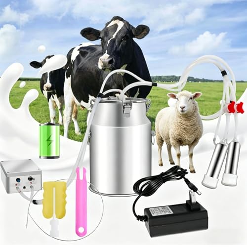 2-in-1 Electric Milking Machine for Cattle and Sheep, Portable Pulse Control Milker, Rechargeable Battery Powered, with 4 Teat Cups 1 Food Grade Milk Bucket Suitable for Small 10L - size: 10L