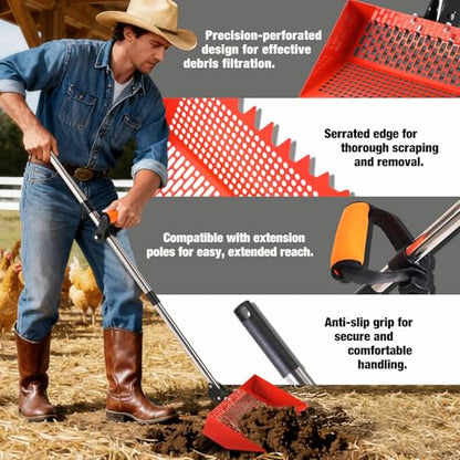 Chicken Poop Scooper for Sand & Rake 2-in-1, Metal Chicken coop Scoop with 35 to 76" Adjustable Aluminum Alloy Handle, Litter Scooper Sand Sifting Shovel Chicken Coops/Animals House