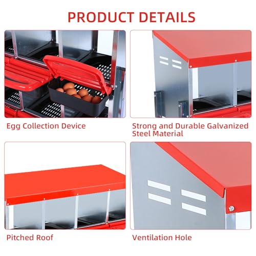 Chicken Nesting Boxes,10 Hole Metal Roll Away Eggs Laying Boxes with Ventilation Holes，Rustproof Plastic Tray & Keyhole Mounting, Cleanable Pull Out Nest Box for Hen & Duck, Red - color: Red, size: 10 holes
