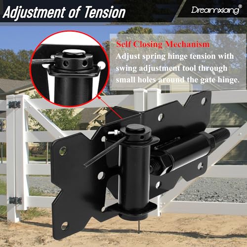 Heavy Duty Self Closing Gate Hinge and Self Locking Latch Hardware Kit for Wooden/Vinyl Fence, Stainless Steel 90 Degree Adjustable Hinges&Post Mount Automatic Gate Lock, Black Finish,1Pack