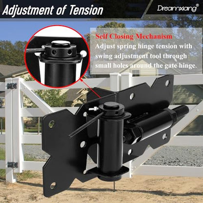 Heavy Duty Self Closing Gate Hinge and Self Locking Latch Hardware Kit for Wooden/Vinyl Fence, Stainless Steel 90 Degree Adjustable Hinges&Post Mount Automatic Gate Lock, Black Finish,1Pack