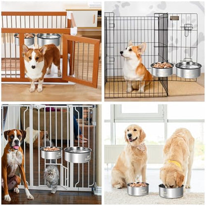 Water Bowl for Dog Crate, ShineMe 34oz & 25oz Stainless Steel Dogs Bowls, Dog Food and Water Bowl Set Mountable in Crate Kennel Cage, 2 Pack, Silver (6.2x2.6” & 5.5x2.4”) - color: Silver, size: M (34oz+25oz)