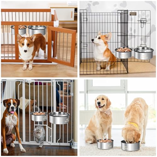 Dog Kennel Bowls for Crates, ShineMe 54oz & 34oz Dog Food Bowl and Crate Water Bowl No Spill, Stainless Steel Dogs Bowls Mountable 2 Pack, Silver (7.1x2.9” & 6.2x2.6”) - color: Silver, size: L (54oz+34oz)
