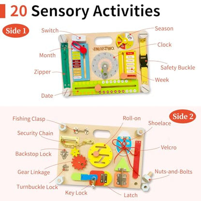Montessori Busy Board for Toddlers 3-5, Large Wooden Sensory Board with 20+ Learning Activities, Fine Motor Toy, Double-Sided Travel Busy Board for Preschool Boys & Girls - style: Double Sides Busy Board