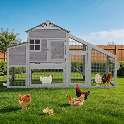 Mobile Chicken Tractor with 2 Nesting Boxes, 81" Large Wooden Chicken Coop for 2-4 Chickens, Predator Proof Poultry House with Wheels, Waterproof Roof & Removable Tray (Grey, 73.4"L x 27.9"W x 43.2"H) - color: Grey, size: 73.4"L x 27.9"W x 43.2"H