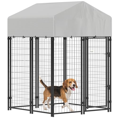 PawHut Outdoor Dog Kennel with Roof, 4' x 4' x 6' Heavy Duty Welded Wire Dog Playpen Enclosure with Escape-Proof Lock, UV-Resistant & Waterproof Cover, for Medium Dogs, Chickens, Ducks, Silver - size: 48" L x 48" W x 72" H, style: Single Room