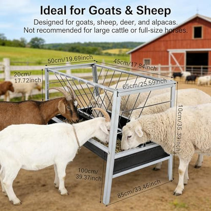 2-in-1 Livestock Feed Trough for Goats,Sheep,Sheds, 40''Large Capacity Hay and Grain Feeder, Heavy Duty Galvanized Steel, Anti-Tip Floor Standing Feeder for Farm Use
