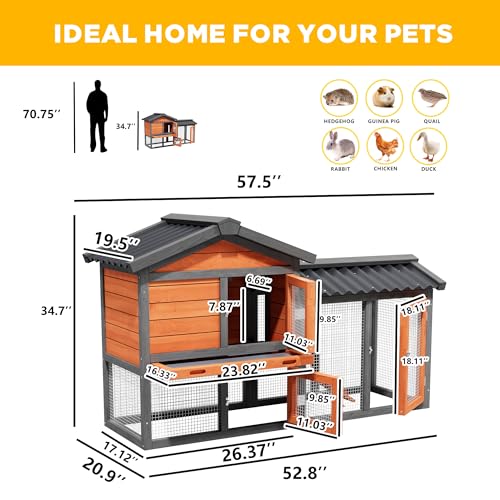 Chicken Run Coop, Wooden Duck Coop Outdoor 2-Tier Hen House All Weather Used Poultry Quail Cage Rabbit Hutch Pet Hideout with Ramp for Small Medium Animals-Expandable Design (Brown) - color: Brown