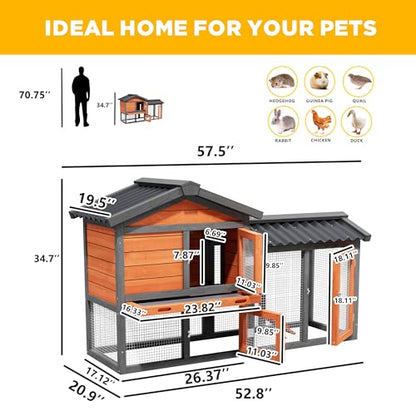 Chicken Run Coop, Wooden Duck Coop Outdoor 2-Tier Hen House All Weather Used Poultry Quail Cage Rabbit Hutch Pet Hideout with Ramp for Small Medium Animals-Expandable Design (Brown) - color: Brown