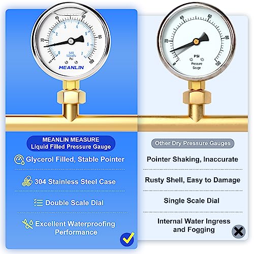 MEANLIN MEASURE 0~100Psi Stainless Steel 1/4" NPT 2.5" FACE DIAL Liquid Filled Pressure Gauge WOG Water Oil Air Lower Mount, with 1/2" NPT and 3/8" NPT Hex Bushing - size: 0-100Psi