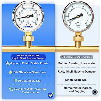 MEANLIN MEASURE 0~100Psi Stainless Steel 1/4" NPT 2.5" FACE DIAL Liquid Filled Pressure Gauge WOG Water Oil Air Lower Mount, with 1/2" NPT and 3/8" NPT Hex Bushing - size: 0-100Psi