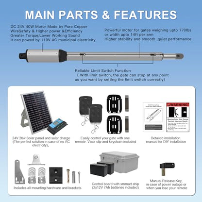 X X-HOUSE C05 Automatic Gate Opener with Solar Panel & Batteries for Medium Duty Single Swing Gates Up to 770lb Arm, 24V Motor Solar Powered Electric Gate Opener with 2 Remotes Complete Kit - size: 770lb Solar Single Gate Opener