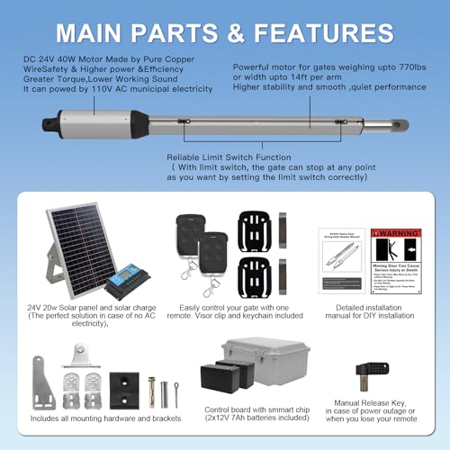X X-HOUSE C05 Automatic Gate Opener with Solar Panel & Batteries for Medium Duty Single Swing Gates Up to 770lb Arm, 24V Motor Solar Powered Electric Gate Opener with 2 Remotes Complete Kit - size: 770lb Solar Single Gate Opener
