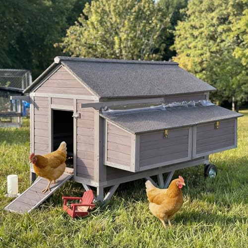 Mobile Chicken Coop with Wheels, Large 16.4ft² Chicken House for 6-8 Chickens, Weatherproof Chicken Tractor, with Nesting Boxes & Foldable Ramp, Easy Clean with Pull-Out Metal Trays - color: Grey, size: 68.1"L x 41.3"W x 49"H