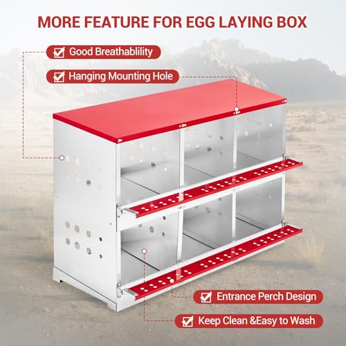 GarveeLife Chicken Nesting Boxes for Laying Eggs, Metal Chicken Nesting Box with Vented Holes and Swing Perch for Chicken Coop, Egg Laying Boxes for Chickens, Hens, Ducks (6 Compartments) - size: 6 compartments