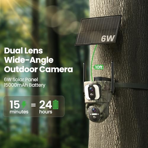AMOROM 4G LTE Cellular Solar Camera with Dual Lens, No WiFi Needed | 2K 360° Outdoor Solar Camera Built-in SIM Card, Full Color Night Vision, IP65 Waterproof, APP Remote Control