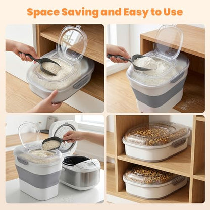 50 Lbs Rice Storage Container with Wheels, Collapsible Airtight Dog Food Storage Container with Transparent Lid, Measuring Cup, Scoop, Handle, BPA Free Rice Holder for Pet Food, Grain, Bird Seed - color: Grey/50lbs