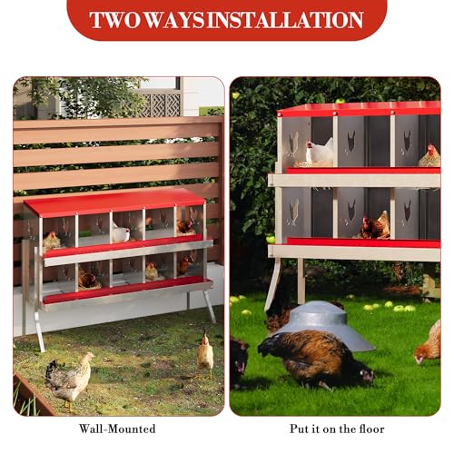 Chicken Nesting Box,10 Compartments Galvanized Steel Metal Chicken Laying Box with Roll Out Egg Collection,Wall Mount Chicken Nesting Boxes,Easy Egg Collection, Hen Roosting Boxes - color: Red, size: 10 Holes with Legsompartments with legs