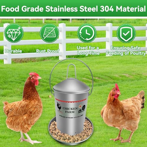 6.6 Lb Stainless Steel Poultry Feeder, Automatic Chicken Feeder No Waste, Hanging Chicken Feeder Heavy Duty Reliable Long-Lasting with Handle, Top Filled - size: 3KG/6.6 LB