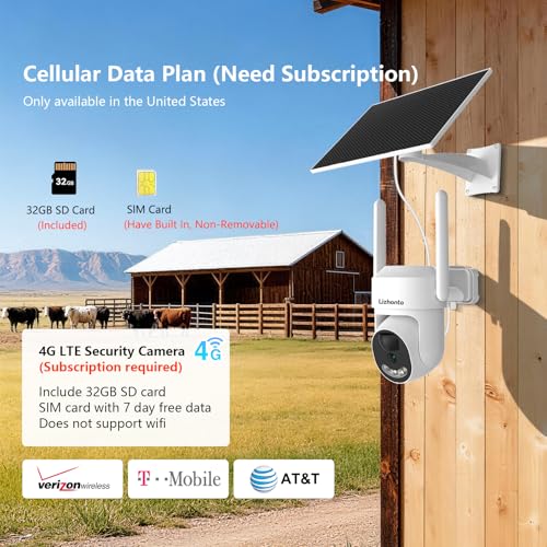 4G LTE Cellular Security Camera No WiFi Needed, Solar Powered Outdoor Security Camera with 2.5K Color Night Vision, PIR Motion Detection, Two-Way Audio, 350° PTZ, for Farm Barn Jobsite Cabin Remote