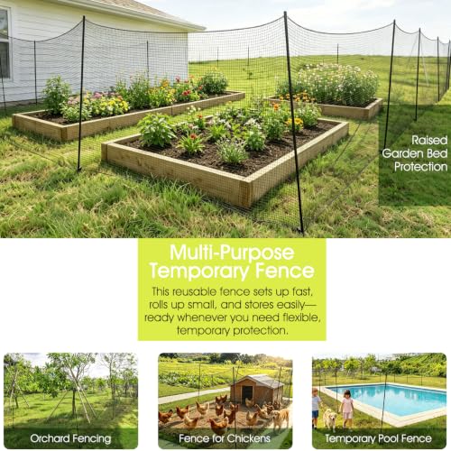 Temporary Fence for Backyard, RIFNY 4 x 100 FT Temporary Fencing with Fiberglass Posts Ground Stakes L-Shaped Staples for Outdoor to Protect Plants Fruit Trees from Dogs Chicken Deer Animals - size: 4x100 FT