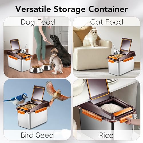 Newget Dog Food Storage Container Stainless Steel with Scoop, 16-lb/11-lb Airtight Metal Pet Food Storage Bin, Cat Food Container for Dry Dog, Cat Food, Bird Seed, Keep Food Fresh, Brown - color: A-Brown