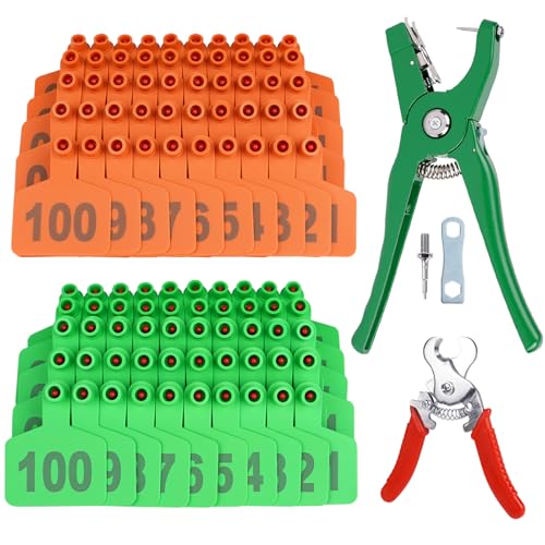 200 PC Cattle Ear Tag Numbered 001-100 Plastic Ear Tags for Cattle with Ear Tags Applicator and Ear Tags Remove Plier Livestock Cow Ear Tags Tags for Cattle Calves Pigs (Orange, Green)
