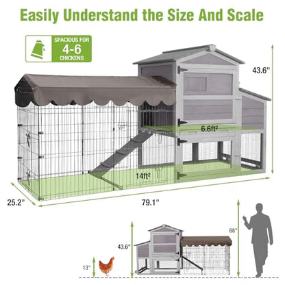 GUTINNEEN Large Wooden Chicken Coop with Run for 4–6 Chickens, Outdoor Chicken House with Wheels, Nesting Box & Removable Tray, Waterproof Asphalt Roof, Steel Frame Poultry Cage - size: 79.1"L x 25.2"W x 43.6"H