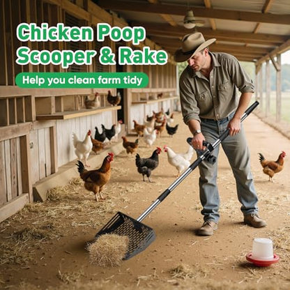 MYPIN 64.5 Inch Chicken Poop Scooper & Rake,for Chicken Pooper Small Farm Animal, with Adjustable Stainless Steel Handle, Ergonomic Grip, Cat Litter Scooper Sand Sifting Shovel