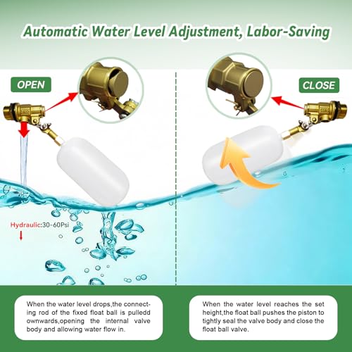 Float Valve 1/2 inch,2Pcs Brass Float Valve with Adjustable Arm Livestock Water Tank Float Valve Switch Shut Off Pool Auto Fill Valve for Livestock Trough Fountain Pool Pond