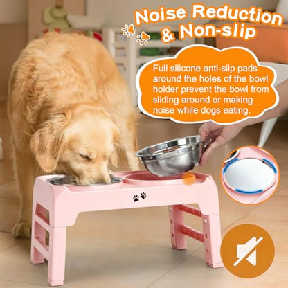COMESOON Elevated Dog Bowls, 4 Height Adjustable Raised Bowl Stand with 2 Thick 50oz Stainless Steel Food Bowls Non-Slip Feeder Adjusts to 3.7'', 9.2'', 10.75'', 12.36'' Pink - color: Pink, size: 8" for Medium Dogs