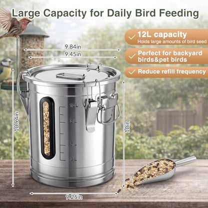 Gisafai 18 Lbs Wild Bird Food Seed Storage with Scoop Stainless Steel Transparent Window Measurement Scale Farmhouse Bird Food and Seed Locking Storage Bucket Bin Critter-Proof Bucket