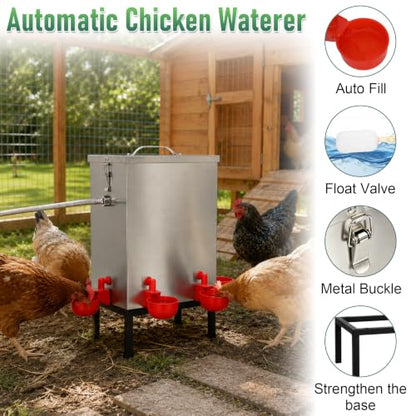 Automatic Chicken Waterer 3 Gallon, 304 Stainless Steel Poultry Waterer with Float Valve, No-Spill Metal Chicken Water Dispenser, Standing Chicken Watering System for Backyard Coop, Ducks & Small Farm