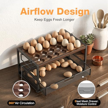 2-Tier Wooden Egg Holder Countertop with Basket – Holds 24+60 Chicken, Duck & Quail Eggs, Easter Eggs – Compact Countertop Holder with Carry Handle for Easy Transport - size: 2 Tiers